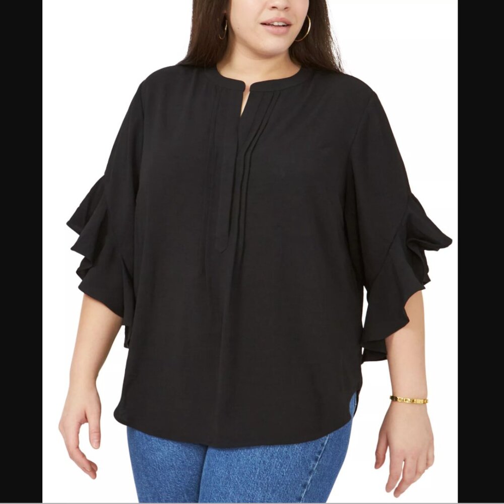 Vince Camuto Top size 3X Black Ruffle Sleeve Pintuck Soft Relaxed Popover Office